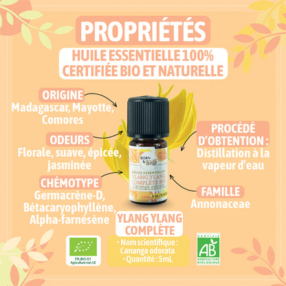Huile essentielle d’Ylang-Ylang complète bio, à l’arôme floral et exotique, obtenue par distillation des fleurs fraîches. 