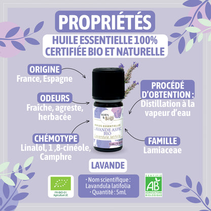 Huile essentielle de Lavande aspic bio, au parfum camphré et floral, obtenue par distillation des sommités fleuries. 