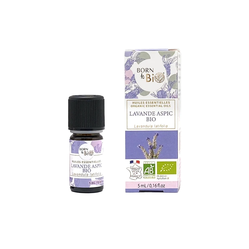 Huile essentielle de Lavande aspic bio, au parfum camphré et floral, obtenue par distillation des sommités fleuries. 