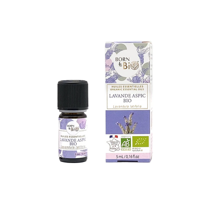 Huile essentielle de Lavande aspic bio, au parfum camphré et floral, obtenue par distillation des sommités fleuries. 