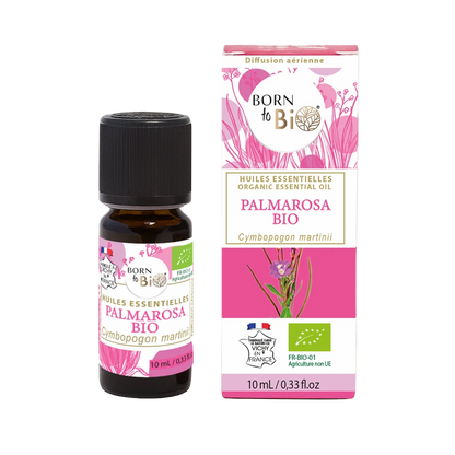 Huile essentielle de Palmarosa bio, au parfum floral et doux, obtenue par distillation à la vapeur des parties aériennes. 