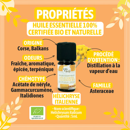 Huile essentielle d’Hélichryse italienne, à l’odeur chaude et miellée, extraite par distillation à la vapeur des sommités fleuries, préservant toutes ses précieuses propriétés. Elle n'a subi aucun ajout ni retrait.