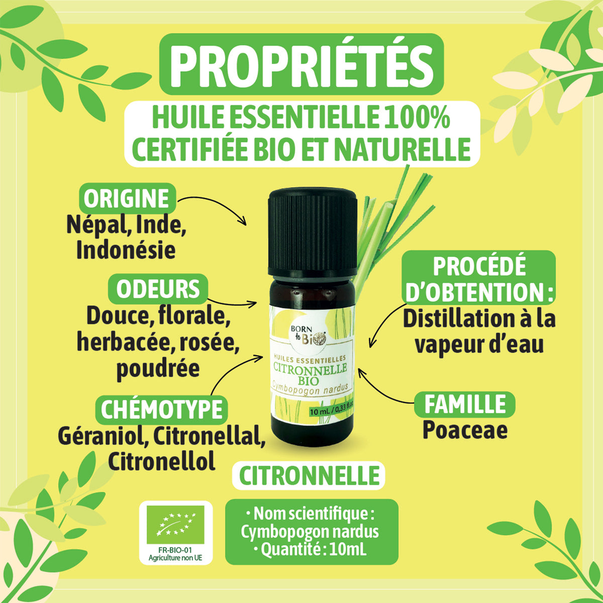 Huile essentielle de Citronnelle bio, à l’arôme frais et citronné, obtenue par distillation à la vapeur des parties aériennes.