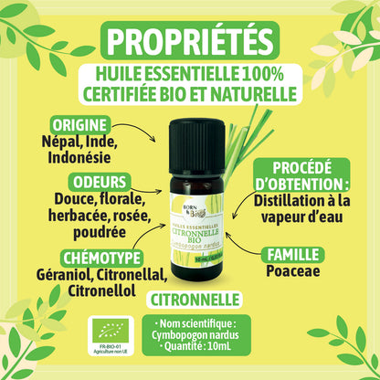 Huile essentielle de Citronnelle bio, à l’arôme frais et citronné, obtenue par distillation à la vapeur des parties aériennes.