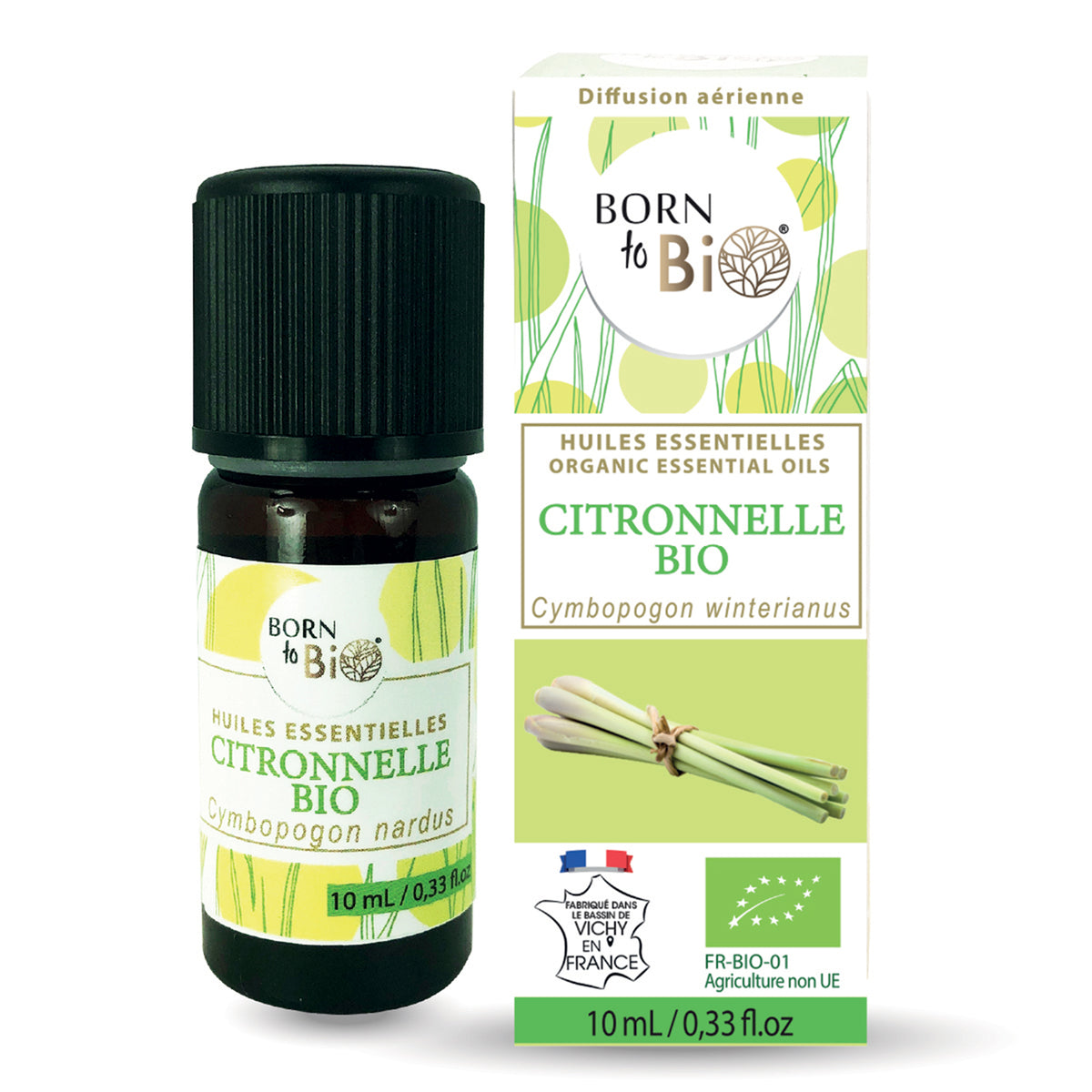 Huile essentielle de Citronnelle bio, à l’arôme frais et citronné, obtenue par distillation à la vapeur des parties aériennes.