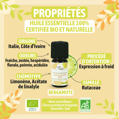 Huile essentielle de Bergamote bio, douce et fruitée, obtenue par pression à froid des zestes.