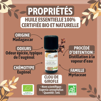 Huile essentielle de Clou de girofle bio, au parfum chaud et épicé, obtenue par distillation à la vapeur des boutons floraux.
