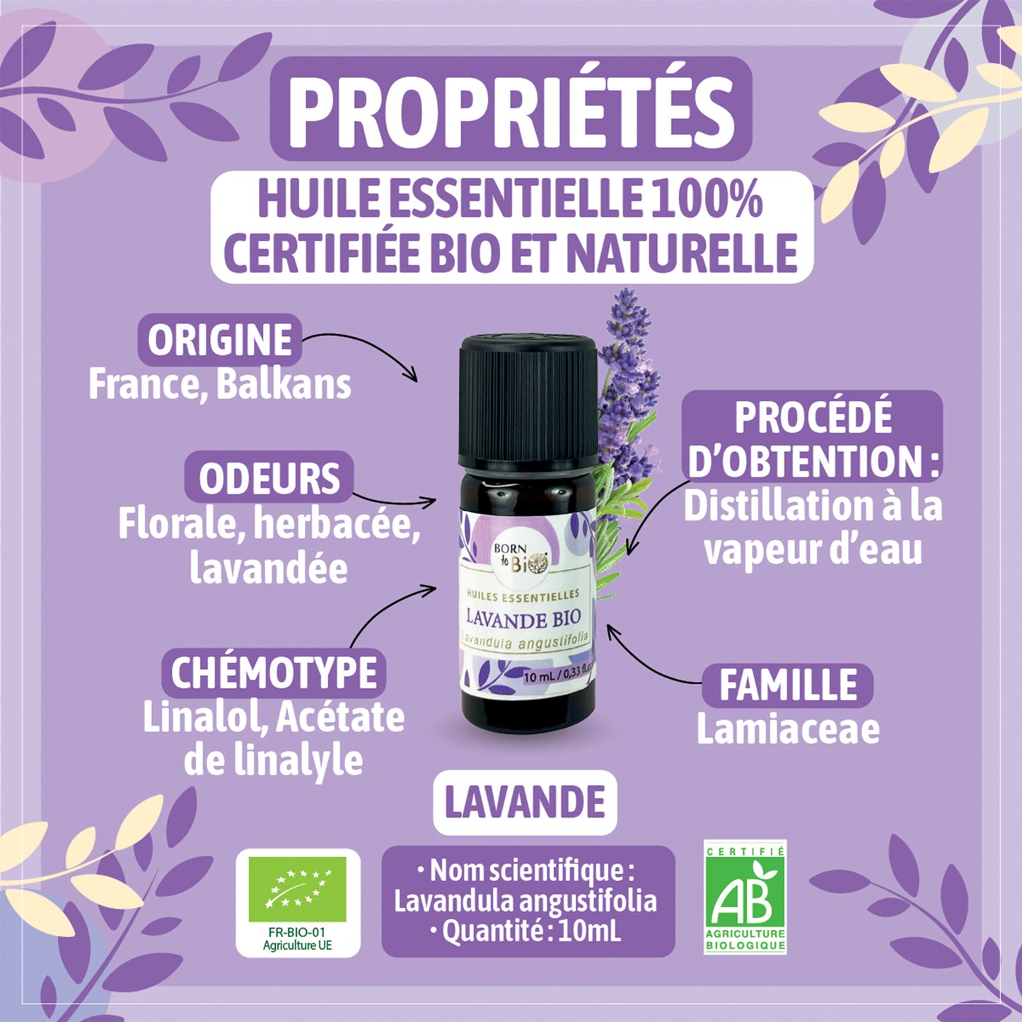 Huile essentielle de Lavande fine bio, au parfum floral et apaisant, obtenue par distillation des sommités fleuries.