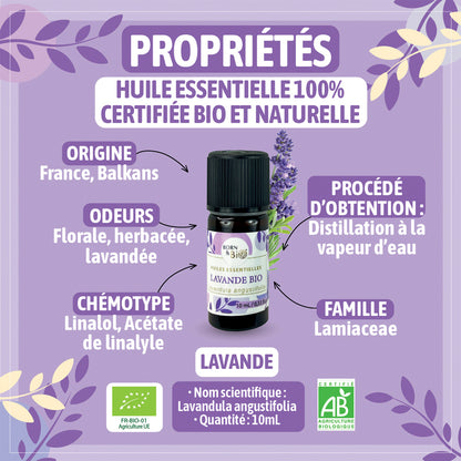 Huile essentielle de Lavande fine bio, au parfum floral et apaisant, obtenue par distillation des sommités fleuries.