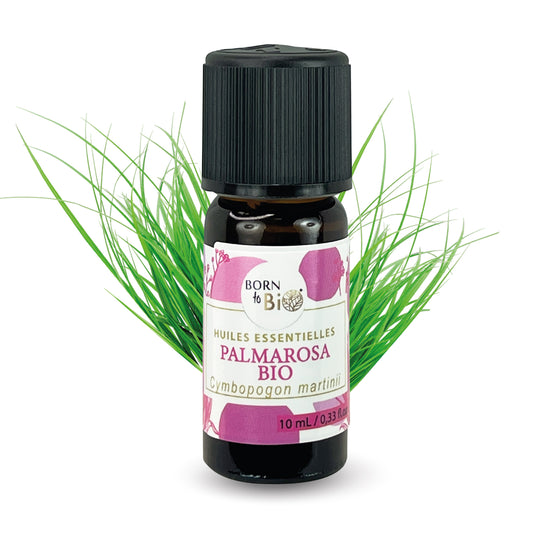 Huile essentielle de Palmarosa bio, au parfum floral et doux, obtenue par distillation à la vapeur des parties aériennes. 